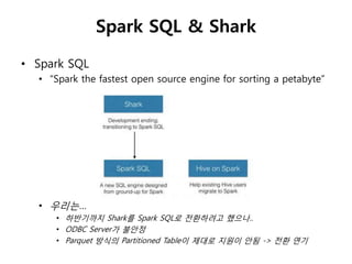 Spark SQL & Shark 
• Spark SQL 
• “Spark the fastest open source engine for sorting a petabyte” 
• 우리는… 
• 하반기까지 Shark를 Spark SQL로 젂홖하려고 했으나.. 
• ODBC Server가 불안정 
• Parquet 방식의 Partitioned Table이 제대로 지원이 안됨 -> 젂홖 연기 
 