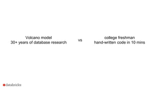Volcano model
30+ years of database research
college freshman
hand-written code in 10 mins
vs
 