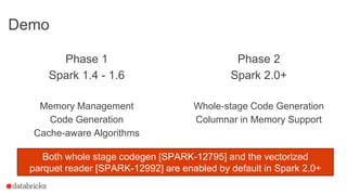 Phase 1
Spark 1.4 - 1.6
Memory Management
Code Generation
Cache-aware Algorithms
Phase 2
Spark 2.0+
Whole-stage Code Generation
Columnar in Memory Support
Both whole stage codegen [SPARK-12795] and the vectorized
parquet reader [SPARK-12992] are enabled by default in Spark 2.0+
Demo
 