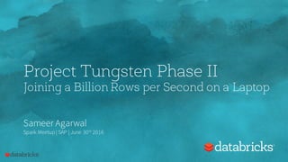 Project Tungsten Phase II
Joining a Billion Rows per Second on a Laptop
Sameer Agarwal
Spark Meetup | SAP | June 30th 2016
 