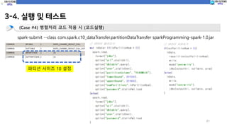 3-4. 실행 및 테스트
21
(Case #4) 병렬처리 코드 적용 시 (코드실행)
spark-submit --class com.spark.c10_dataTransfer.partitionDataTransfer sparkProgramming-spark-1.0.jar
파티션 사이즈 10 설정
 