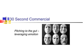 30 Second Commercial 
Pitching to the gut – 
leveraging emotion 
 