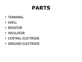 PARTS
• TERMINAL
• SHELL
• RESISTOR
• INSULATOR
• CENTRAL ELECTRODE
• GROUND ELECTRODE
 