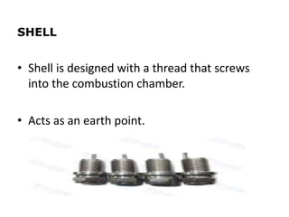 SHELL
• Shell is designed with a thread that screws
into the combustion chamber.
• Acts as an earth point.
 