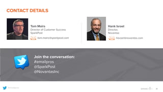 24
#emailpros
CONTACT DETAILS
Tom Mairs
Director of Customer Success
SparkPost
Hank Israel
Director,
Novantas
.
Join the conversation:
#emailpros
@SparkPost
@NovantasInc
tom.mairs@sparkpost.com hisrael@novantas.com
 