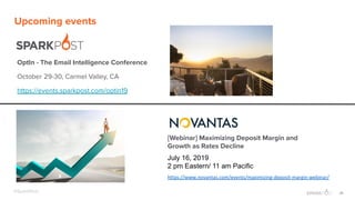 25@SparkPost
Upcoming events
OptIn - The Email Intelligence Conference
October 29-30, Carmel Valley, CA
https://events.sparkpost.com/optin19
[Webinar] Maximizing Deposit Margin and
Growth as Rates Decline
July 16, 2019
2 pm Eastern/ 11 am Pacific
https://www.novantas.com/events/maximizing-deposit-margin-webinar/
 