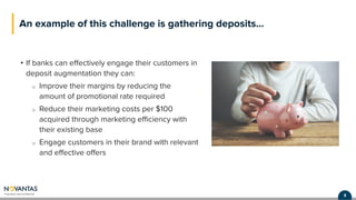 8Proprietary and Confidential
8
An example of this challenge is gathering deposits…
• If banks can eﬀectively engage their customers in
deposit augmentation they can:
o Improve their margins by reducing the
amount of promotional rate required
o Reduce their marketing costs per $100
acquired through marketing eﬃciency with
their existing base
o Engage customers in their brand with relevant
and eﬀective oﬀers
 