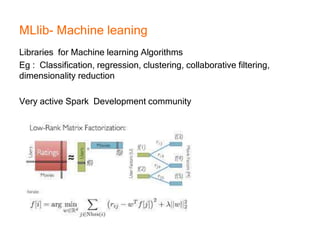MLlib- Machine leaning
Libraries for Machine learning Algorithms
Eg : Classification, regression, clustering, collaborative filtering,
dimensionality reduction
Very active Spark Development community
 