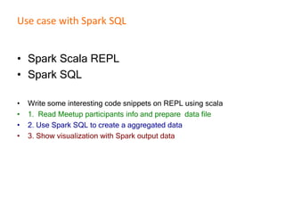 Use case with Spark SQL
• Spark Scala REPL
• Spark SQL
• Write some interesting code snippets on REPL using scala
• 1. Read Meetup participants info and prepare data file
• 2. Use Spark SQL to create a aggregated data
• 3. Show visualization with Spark output data
 