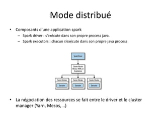 Mode distribué
• Composants d’une application spark
– Spark driver : s’exécute dans son propre process java.
– Spark executors : chacun s’exécute dans son propre java process
• La négociation des ressources se fait entre le driver et le cluster
manager (Yarn, Mesos, ..)
 