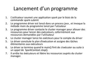 Lancement d’un programme
1. L’utilisateur soumet une application spark par le biais de la
commande spark-submit
2. Le programme driver est lancé dans un process java , et invoque la
métode main du programme lancé par l’utisateur
3. Le programme driver contacte le cluster manager pour allouer des
ressources pour lancer des exécuteurs, coformément aux
ressources demandées par l’utilisateur
4. Le cluster manager lance les exécteurs pour le compte du driver
5. Le driver consitute le plan d’exécution et assigne des tâches
élémentaires aux exécuteurs
6. Le driver se termine quand le main() finit de s’exécuter ou suite à
un appel de SparkContext.stop().
7. Il arrête les éxécuteurs et libère les ressources auprès du cluster
manager.
 