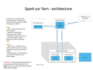 Spark sur Yarn : architecture
Mode Yarn-client
Lorsque Yarn est utilisé comme
Cluster Manager, il faudrait bien
distinguer entre les deamons YARN
et les deamons SPARK
YARN
 RM : responsable d’affectation
des ressources
 Spark AM : demande les
ressources auprès du RM
 Spark NM : nœuds contenant un
ou plus de container, chacun
pouvant accueillir un exécuteur
spark.
SPARK
 Spark Driver : s’exécute chez le
client en mode Yarn-client , ou dans
l’application master en mode Yarn-
cluster
 Spark Executor : s’exécutent dans
des containers YARN au sein du
node manager.
ATTENTION : deux exécuteurs spark peuvent
se retrouver dans deux containers Yarn
différents, mais au sein de la même machine
(YARN node manager)
 