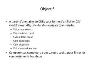 Objectif
• A partir d’une table de CDRs sous forme d’un fichier CSV
stocké dans hdfs, calculer des agrégats (par msisdn)
– Voice total count
– Voice in total count
– SMS in total count
– Calls dispersion
– Cells disperion
– Voice intenational out
• Comparer ses compteurs à des valeurs seuils, pour filtrer les
comportements fraudeurs
 