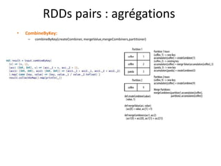 RDDs pairs : agrégations
• CombineByKey:
– combineByKey(createCombiner, mergeValue,mergeCombiners,partitioner)
 