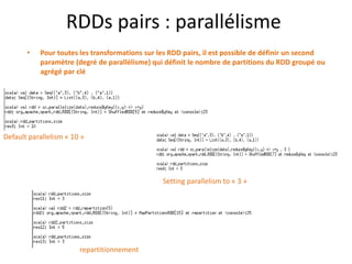 RDDs pairs : parallélisme
• Pour toutes les transformations sur les RDD pairs, il est possible de définir un second
paramètre (degré de parallélisme) qui définit le nombre de partitions du RDD groupé ou
agrégé par clé
Default parallelism « 10 »
Setting parallelism to « 3 »
repartitionnement
 