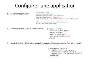 Configurer une application
1. En utilisant sparkConf:
2. Dynamiquement (dans le spark-submit)
3. Spark-default.conf (dans the spark directory par défaut ou dans un répertoire donné)
 