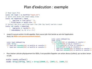 Plan d’exécution : exemple
• Jusqu’ici aucune action n’a été appelée. Donc aucun job n’est lancée au sein de l’application.
Aussi, les RDDs sont paresseusement évalués.
• Pour évaluer calculer physiquement les RDDs, il est possible d’appeler une action dessus (collect), qui va donc lancer
un job.
 