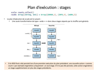 Plan d’exécution : stages
• Le plan d’exécution de ce job est le suivant :
• Une seule transformation de type « wide » => donc deux stages séparés par le shuffle sont générés
• Si le RDD final a été persisté lors d’une première exécution du plan précédent, une nouvelle action « comme
count » par exemple engendrera uniquement un seul stage. S’il n’a pas été persisté, cette action engendrera
un stage supplémentaire en plus des stages précédents.
 