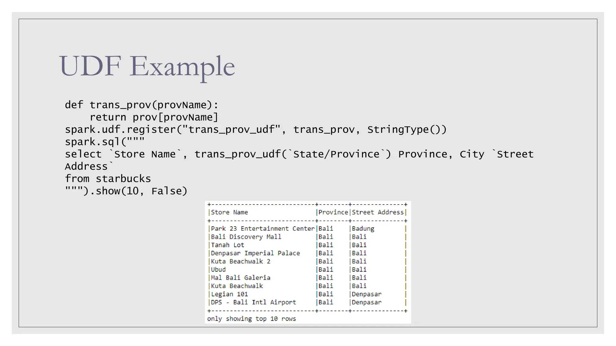 UDF Example def trans_prov(provName): return prov[provName] spark.udf.register("trans_prov_udf", trans_prov, StringType()) spark.sql(""" select `Store Name`, trans_prov_udf(`State/Province`) Province, City `Street Address` from starbucks """).show(10, False) 