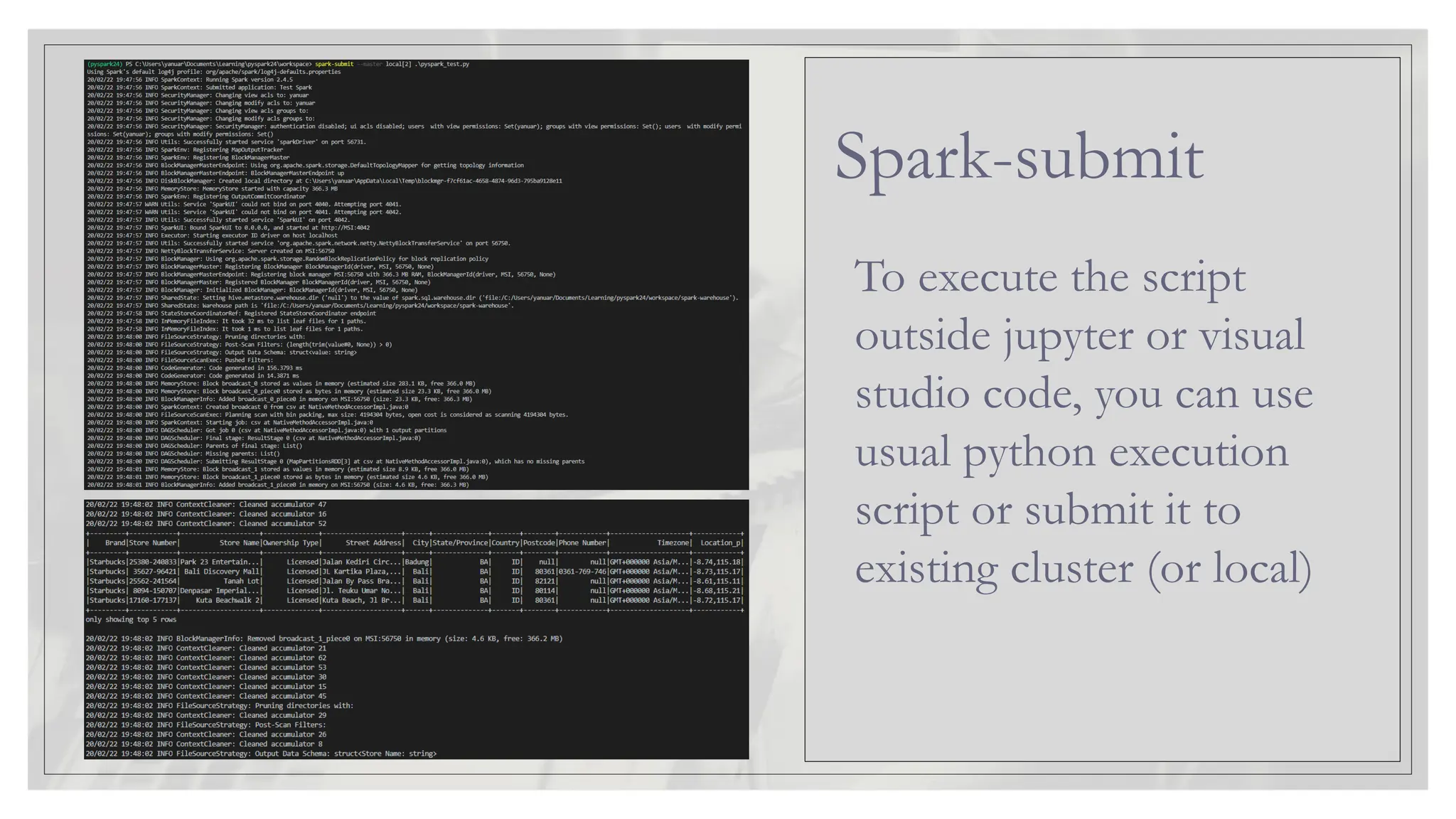 To execute the script outside jupyter or visual studio code, you can use usual python execution script or submit it to existing cluster (or local) Spark-submit 