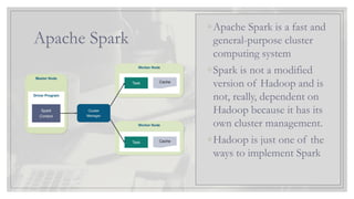 Apache Spark
◦Apache Spark is a fast and
general-purpose cluster
computing system
◦Spark is not a modified
version of Hadoop and is
not, really, dependent on
Hadoop because it has its
own cluster management.
◦Hadoop is just one of the
ways to implement Spark
 
