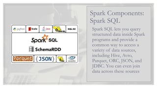 Spark SQL lets you query
structured data inside Spark
programs and provide a
common way to access a
variety of data sources,
including Hive, Avro,
Parquet, ORC, JSON, and
JDBC. You can even join
data across these sources
Spark Components:
Spark SQL
 