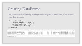 Creating DataFrame
We can create dataframe by loading data into Spark. For example, if we want to
load data from csv
df = spark.read 
.option("header", "true") 
.option("delimiter", ";") 
.csv("data/starbucks")
df.show(5)
 
