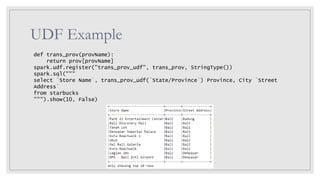 UDF Example
def trans_prov(provName):
return prov[provName]
spark.udf.register("trans_prov_udf", trans_prov, StringType())
spark.sql("""
select `Store Name`, trans_prov_udf(`State/Province`) Province, City `Street
Address`
from starbucks
""").show(10, False)
 