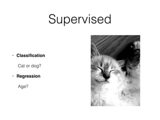 Supervised 
• Classification 
Cat or dog? 
• Regression 
Age? 
 