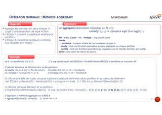 OPÉRATION TERMINALE : MÉTHODE AGGREGATE
Agréger les données en deux étapes. Il
s’agit d’une opération de type Action
L’étape 1 consiste à appliquer seqOp par
partition
L’étape 2 consiste à appliquer combOp
aux résultats de l’étape 1
ObjectifsObjectifs
def aggregate[U](zeroValue: U)(seqOp: (U, T) ⇒ U,
combOp: (U, U) ⇒ U)(implicit arg0: ClassTag[U]): U
API : scala, Classe : rdd, Package : org.apache.spark
Entrée
- zeroValue : la valeur initiale de l’accumulateur de type U
- seqOp : c’est une fonction associative qui sera appliquée sur chaque partition
- comOp : c’est une fonction associative qui s’applique sur les résulats données par seqOp.
Sortie : une valeur de retour de type U
SignatureSignature
val x = sc.parallelize( 1 to 6, 2) // x: org.apache.spark.rdd.RDD[Int] = ParallelCollectionRDD[0] at parallelize at <console>:24
// calculer la somme de éléments de x via les partitions
val seqOp = (a:Int,b:Int) => if(a>b) a else b // seqOp: (Int, Int) => Int = <function2>
val compOp = (a:Int,b:Int) => a + b // compOp: (Int, Int) => Int = <function2>
// affiche une liste de tuple, chaque tuple est composé de l'index de la partition et la valeur de l'élément.
def f[T](i:Int, p:Iterator[T]) : Iterator[(Int,T)] = p.map(w => (i,w)) // f: [T](i: Int, p: Iterator[T])Iterator[(Int, T)]
// afficher chaque élément et sa partition
x.mapPartitionsWithIndex(f).collect() // res4: Array[(Int, Int)] = Array((0,1), (0,2), (0,3), (1,4), (1,5), (1,6), (2,7), (2,8), (2,9), (2,10))
// appliquer la méthode aggregate sur la RDD X
x.aggregate(0)( seqOp, compOp) // res10: Int = 19
ExempleExemple
27
M.MICHRAFY
 