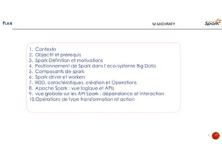 PLAN
1. Contexte
2. Objectif et prérequis
3. Spark Définition et motivations
4. Positionnement de Spark dans l’eco-systeme Big Data
5. Composants de spark
6. Spark driver et workers
7. Apache Spark : vue logique et APIs
8. Vue globale sur les API Spark : dépendance et interaction
9. RDD, caractéristiques, création et Operations
10.Opérations de type transformation et action
3
M.MICHRAFY
 