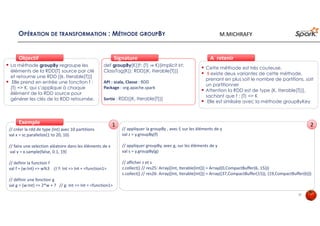 OPÉRATION DE TRANSFORMATION : MÉTHODE GROUPBY
La méthode groupBy regroupe les
éléments de la RDD[T] source par clé
et retourne une RDD [(k, Iterable[T])]
Elle prend en entrée une fonction f :
(T) => K, qui s’applique à chaque
élément de la RDD source pour
générer les clés de la RDD retournée.
ObjectifObjectif
def groupBy[K](f: (T) ⇒ K)(implicit kt:
ClassTag[K]): RDD[(K, Iterable[T])]
API : scala, Classe : RDD
Package : org.apache.spark
Sortie : RDD[(K, Iterable[T])]
SignatureSignature
// créer la rdd de type (Int) avec 10 partitions
val x = sc.parallelize(1 to 20, 10)
// faire une selection aléatoire dans les éléments de x
val y = x.sample(false, 0.1, 19)
// definir la function f
val f = (w:Int) => w%3 // f: Int => Int = <function1>
// définir une fonction g
val g = (w:Int) => 2*w + 7 // g: Int => Int = <function1>
ExempleExemple
Cette méthode est très couteuse.
Il existe deux variantes de cette méthode,
prenant en plus soit le nombre de partitions, soit
un partitionner
Attention la RDD est de type (K, Iterable[T])],
sachant que f : (T) => K
Elle est similaire avec la méthode groupByKey
À retenirÀ retenir
// appliquer la groupBy , avec f, sur les éléments de y
val z = y.groupBy(f)
// appliquer groupBy, avec g, sur les éléments de y
val s = y.groupBy(g)
// afficher z et s
z.collect() // res25: Array[(Int, Iterable[Int])] = Array((0,CompactBuffer(6, 15)))
s.collect() // res26: Array[(Int, Iterable[Int])] = Array((37,CompactBuffer(15)), (19,CompactBuffer(6)))
1 2
37
M.MICHRAFY
 