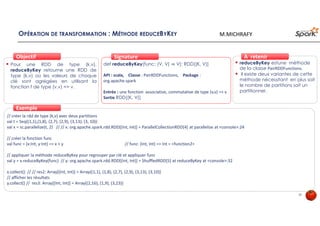 OPÉRATION DE TRANSFORMATION : MÉTHODE REDUCEBYKEY
Pour une RDD de type (k,v),
reduceByKey retourne une RDD de
type (k,v) où les valeurs de chaque
clé sont agrégées en utilisant la
fonction f de type (v,v) => v.
ObjectifObjectif
def reduceByKey(func: (V, V) ⇒ V): RDD[(K, V)]
API : scala, Classe : PairRDDFunctions, Package :
org.apache.spark
Entrée : une fonction associative, commutative de type (v,v) => v
Sortie RDD[(K, V)]
SignatureSignature
// créer la rdd de type (k,v) avec deux partitions
val t = Seq((1,1),(1,8), (2,7), (2,9), (3,13), (3, 10))
val x = sc.parallelize(t, 2) // // x: org.apache.spark.rdd.RDD[(Int, Int)] = ParallelCollectionRDD[4] at parallelize at <console>:24
// créer la fonction func
val func = (x:Int, y:Int) => x + y // func: (Int, Int) => Int = <function2>
// appliquer la méthode reduceByKey pour regrouper par clé et appliquer func
val y = x.reduceByKey(func) // y: org.apache.spark.rdd.RDD[(Int, Int)] = ShuffledRDD[5] at reduceByKey at <console>:32
x.collect() // // res2: Array[(Int, Int)] = Array((1,1), (1,8), (2,7), (2,9), (3,13), (3,10))
// afficher les résultats
y.collect() // res3: Array[(Int, Int)] = Array((2,16), (1,9), (3,23))
ExempleExemple
reduceByKey estune méthode
de la classe PairRDDFunctions.
il existe deux variantes de cette
méthode nécessitant en plus soit
le nombre de partitions soit un
partitionner.
À retenirÀ retenir
39
M.MICHRAFY
 