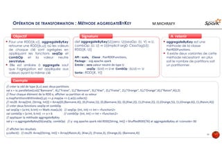 OPÉRATION DE TRANSFORMATION : MÉTHODE AGGREGATEBYKEY
Pour une RDD[(k,v)], aggregateByKey
retourne une RDD[(k,u)] où les valeurs
de chaque clé sont agrégées en
appliquant les fonctions seqOp et
combOp et la valeur neutre
zeroValue.
Elle est similaire à aggregate sauf
que l'agrégation est appliquée aux
valeurs ayant la même clé
ObjectifObjectif
def aggregateByKey[U](zero: U)(seqOp: (U, V) ⇒ U,
combOp: (U, U) ⇒ U)(implicit arg0: ClassTag[U]):
RDD[(K, U)]
API : scala, Classe : PairRDDFunctions,
Package : org.apache.spark
Entrée : zero valeur neutre de type U
seqOp : (U,V) => U et CombOp : (U,U) => U
Sortie : RDD[(K, V)]
SignatureSignature
// créer la rdd de type (k,v) avec deux partitions
val x = sc.parallelize(List(("Bannane", 4),("Fraise", 1),("Bannane", 3),("Kiwi", 2),("Fraise", 2),("Orange", 5),("Orange",6),("Raisin",4)),2)
// Pour chaque élément de la RDD x, afficher sa partition et sa valeur
x.mapPartitionsWithIndex((i,p) => p.map(w => (i,w))).collect()
// res28: Array[(Int, (String, Int))] = Array((0,(Bannane,4)), (0,(Fraise,1)), (0,(Bannane,3)), (0,(Kiwi,2)), (1,(Fraise,2)), (1,(Orange,5)), (1,(Orange,6)), (1,(Raisin,4)))
// créer deux fonctions seqOp et combOp
val seqOp = (a:Int, b:Int) => Math.max(a,b) // seqOp: (Int, Int) => Int = <function2>
val combOp = (a:Int, b:Int) => a + b // combOp: (Int, Int) => Int = <function2>
// appliquer la méthode aggregateByKey
val y = x.aggregateByKey(0)(seqOp, combOp) // y: org.apache.spark.rdd.RDD[(String, Int)] = ShuffledRDD[76] at aggregateByKey at <console>:30
// afficher les résultats
y.collect() // res29: Array[(String, Int)] = Array((Raisin,4), (Kiwi,2), (Fraise,3), (Orange,6), (Bannane,4))
ExempleExemple
aggregateByKey est une
méthode de la classe
PairRDDFunctions.
il existe deux variantes de cette
méthode nécessitant en plus
soit le nombre de partitions soit
un partitionner.
À retenirÀ retenir
40
M.MICHRAFY
 