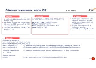OPÉRATION DE TRANSFORMATION : MÉTHODE JOIN
La méthode join nécessite des RDD
de type (K,V)
Elle permet de faire une jointure sur la
clé entre la RDD source et la RDD
passée en argument.
La valeur de retour est une RDD de
type (K, (V, W))
ObjectifObjectif
def join[W](other: RDD[(K, W)]): RDD[(K, (V, W))]
API : scala, Classe : PairRDDFunctions,
Package : org.apache.spark
Entrée : other est une RDD de type (K,W)
Sortie : RDD[(K, (V, W))]
SignatureSignature
// créer des rdd de type (k,v)
val l1 = List(("A",1),("B",2),("C",3),("D",5),("E",1))
Val l2 = List(("A",2),("E",2),("C",5),("D",5),("G",1))
val x = sc.parallelize(l1,2) //x: org.apache.spark.rdd.RDD[(String, Int)] = ParallelCollectionRDD[7] at parallelize at <console>:26
val y = sc.parallelize(l2, 2) // y: org.apache.spark.rdd.RDD[(String, Int)] = ParallelCollectionRDD[8] at parallelize at <console>:26
// appliquer la méthode join // z: org.apache.spark.rdd.RDD[(String, (Int, Int))] = MapPartitionsRDD[11] at join at <console>:32
val z = x.join(y)
// afficher les résultats
z.collect() // res1: Array[(String, (Int, Int))] = Array((D,(5,5)), (A,(1,2)), (C,(3,5)), (E,(1,2)))
il existe deux variantes de cette
méthode nécessitant en plus
soit le nombre de partitions soit
un partitionner.
il existe aussi une jointure à
droite ou à gauche
( voir leftOuterJoin, rightOuterJoin)
À retenirÀ retenir
ExempleExemple
42
M.MICHRAFY
 