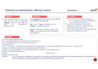 OPÉRATION DE TRANSFORMATION : MÉTHODE COGROUP
Pour une RDD source (K,V) et une
RDD de type (K,W), la méthode
cogroup retourne une RDD de
type (K, (Iterable<V>,
Iterable<W>)).
ObjectifObjectif
def cogroup[W](other: RDD[(K, W)]): RDD[(K,
(Iterable[V], Iterable[W]))]
API : scala, Classe : PairRDDFunctions,
Package : org.apache.spark
Entrée : other est une RDD de type (K,W)
Sortie : une RDD de type [(K, (Iterable[V],
Iterable[W]))
SignatureSignature
// créer deux RDD de type clé-valeur
val x = sc.parallelize(List(("A",1), ("A",2),("C",5), ("D",10),("D",1)), 2)
val y = sc.parallelize(List(("A",3), ("B",3), ("B",6), ,("C",7)), 2)
// regrouper par clé
val z = x. cogroup(y) // RDD[(String, (Iterable[Int], Iterable[Int]))] = MapPartitionsRDD[18] at cogroup at <console>:28
// comparer le nombre des clés distinct avec celui du nombre d’éléments de z
x.map(w => w._1).union(y.map(w => w._1)).distinct().count() == z.count() // res5: Boolean = true
// calculer le nombre des éléments de z
z.count() // res6: Long = 4
// afficher les éléments de z
z.collect() // res7: Array[(String, (Iterable[Int], Iterable[Int]))] = Array((B,(CompactBuffer(),CompactBuffer(3, 6))), (D,(CompactBuffer(10,1),CompactBuffer())),
// (A,(CompactBuffer(1, 2),CompactBuffer(3))), (C,(CompactBuffer(5),CompactBuffer(7))))
Cette méthode a plusieurs variantes :
2 à 3 arguments de type RDD[(K,W)]
Le nombre de partitions
Le nombre d’éléments de la RDD
obtenue est égal au nombre de clés
distinctes dans les deux RDD.
SI une clé est absente d’une RDD alors sa
valeur est remplacé par vide.
À retenirÀ retenir
ExempleExemple
44
M.MICHRAFY
 