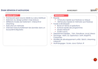 SPARK DÉFINITION ET MOTIVATIONS
• Framework open source dédié au calcul distribué
• Extension du design pattern map-reduce
• Différents modes de traitement : interactif et
streaming
• Exécution en mémoire
• Intervient dans le traitement de données dans un
écosystème Big-Data
• Rapide
• 10 fois plus rapide que Hadoop sur disque
• 100 fois plus rapide en mémoire que Hadoop
• Facile à développer
• Riche en terme d’opérations
• Ecriture rapide des programmes
• Mode interactif
• Code concis
• Déploiement flexible : Yarn, Standlone, Local, Mesos
• Stockage : HDFS, S3, Openstack Swift, MapR FS,
Cassandra
• Modèle de développement unifié : Batch, streaming,
interactif
• Multi-langages : Scala, Java, Python, R
Apache spark ?Apache spark ? MotivationsMotivations
5
M.MICHRAFY
 