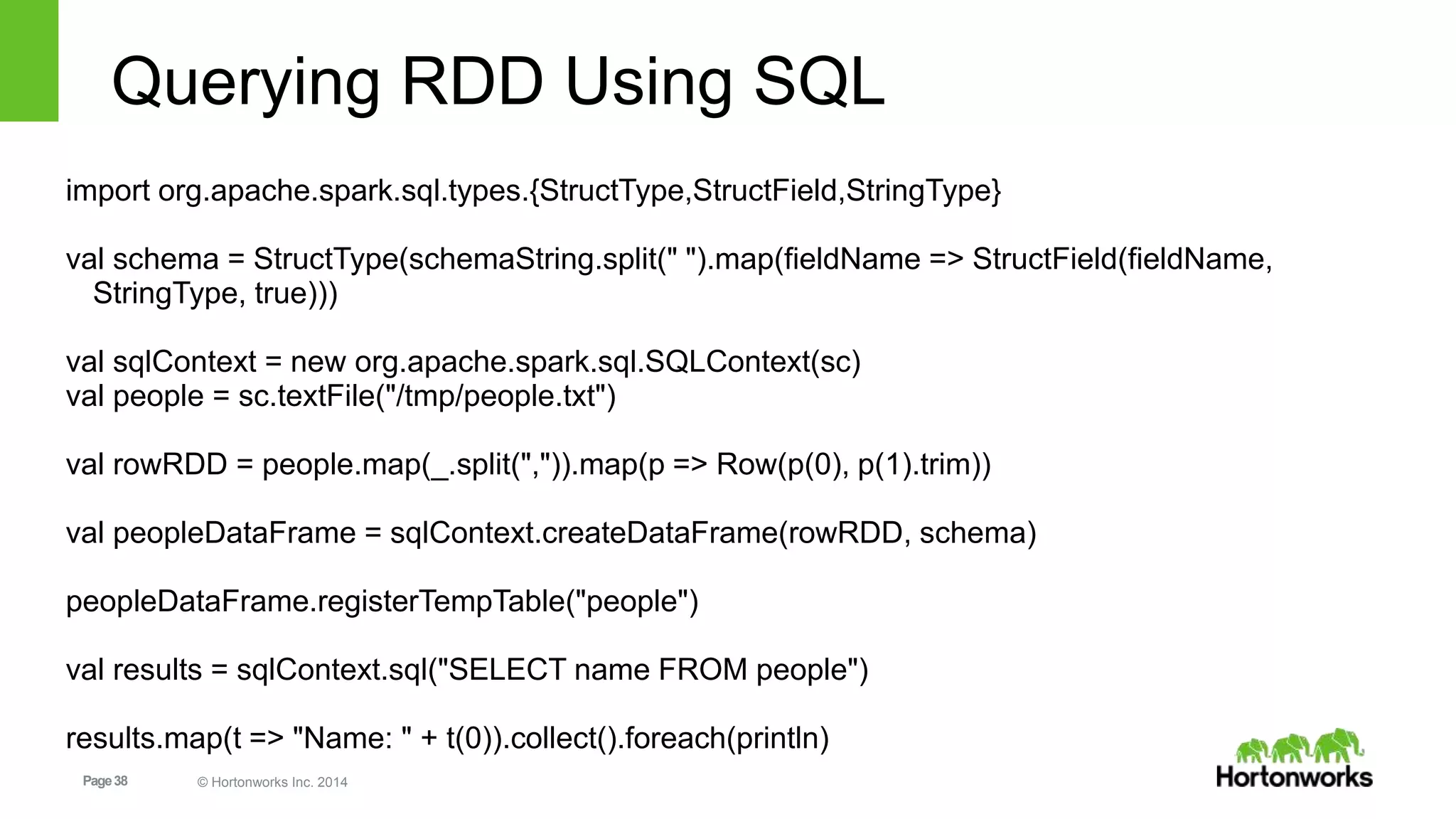 Page38 © Hortonworks Inc. 2014
Querying RDD Using SQL
import org.apache.spark.sql.types.{StructType,StructField,StringType}
val schema = StructType(schemaString.split(" ").map(fieldName => StructField(fieldName,
StringType, true)))
val sqlContext = new org.apache.spark.sql.SQLContext(sc)
val people = sc.textFile("/tmp/people.txt")
val rowRDD = people.map(_.split(",")).map(p => Row(p(0), p(1).trim))
val peopleDataFrame = sqlContext.createDataFrame(rowRDD, schema)
peopleDataFrame.registerTempTable("people")
val results = sqlContext.sql("SELECT name FROM people")
results.map(t => "Name: " + t(0)).collect().foreach(println)
 
