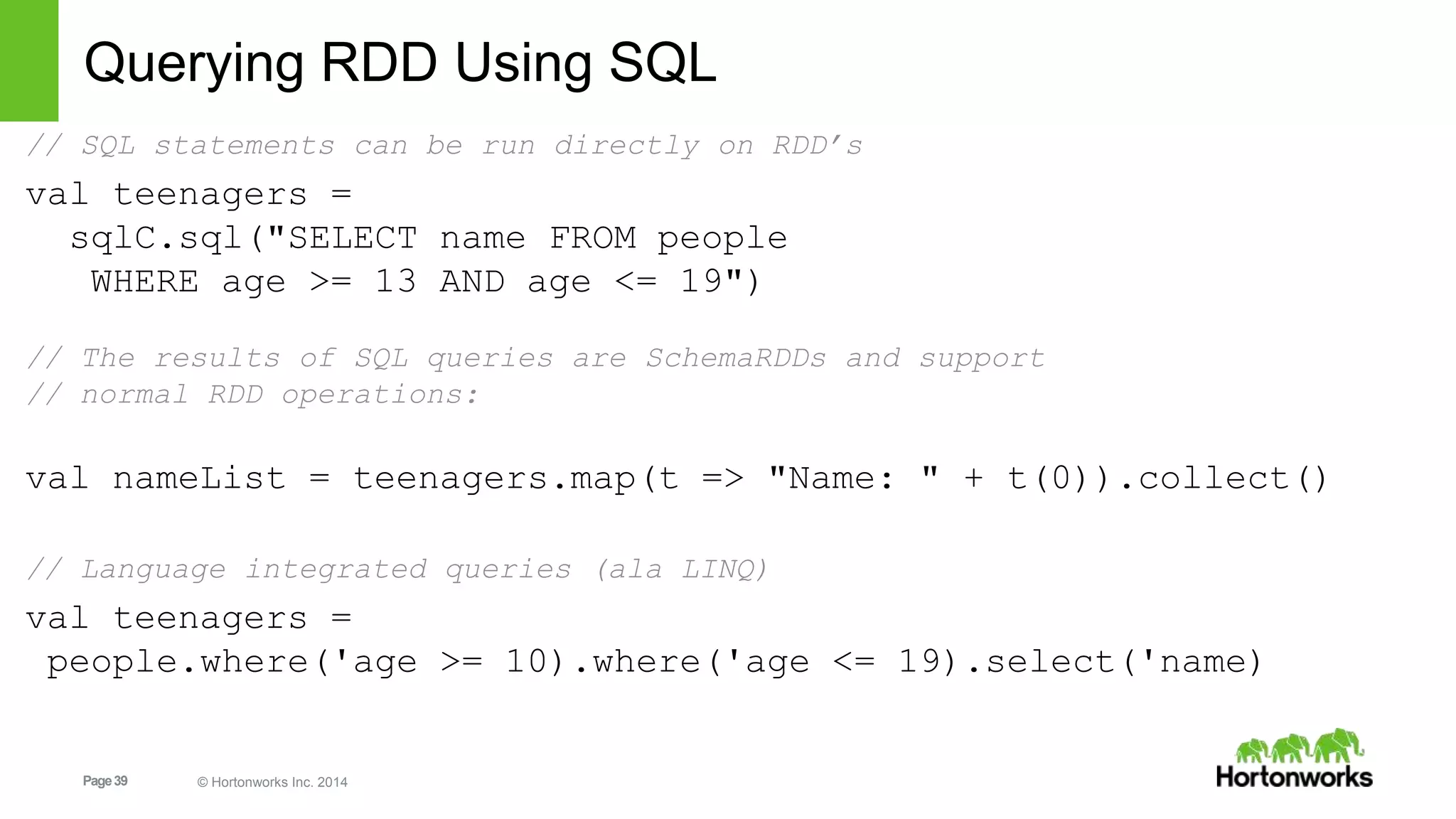 Page39 © Hortonworks Inc. 2014
Querying RDD Using SQL
// SQL statements can be run directly on RDD’s
val teenagers =
sqlC.sql("SELECT name FROM people
WHERE age >= 13 AND age <= 19")
// The results of SQL queries are SchemaRDDs and support
// normal RDD operations:
val nameList = teenagers.map(t => "Name: " + t(0)).collect()
// Language integrated queries (ala LINQ)
val teenagers =
people.where('age >= 10).where('age <= 19).select('name)
 