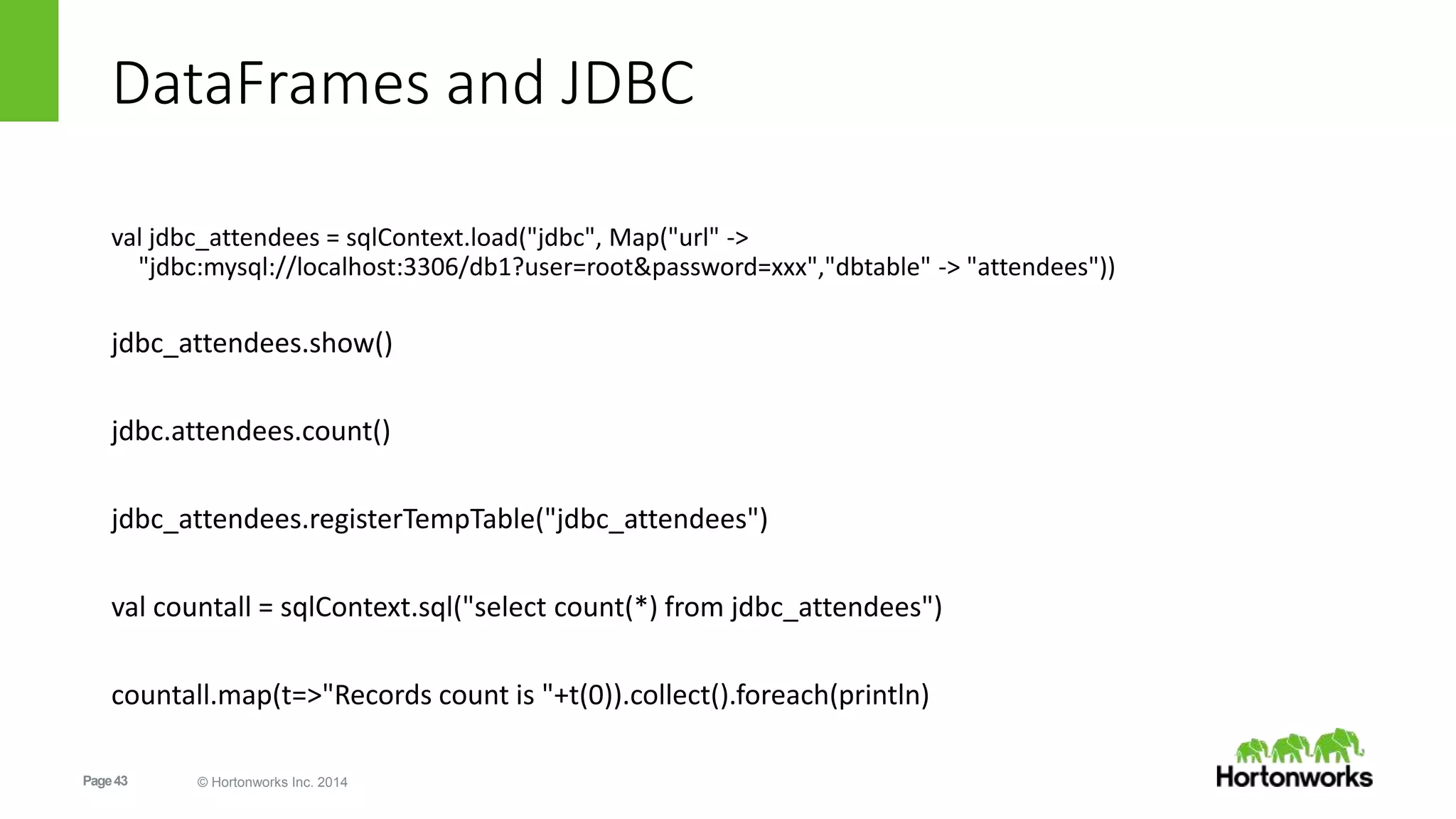 Page43 © Hortonworks Inc. 2014
DataFrames and JDBC
val jdbc_attendees = sqlContext.load("jdbc", Map("url" ->
"jdbc:mysql://localhost:3306/db1?user=root&password=xxx","dbtable" -> "attendees"))
jdbc_attendees.show()
jdbc.attendees.count()
jdbc_attendees.registerTempTable("jdbc_attendees")
val countall = sqlContext.sql("select count(*) from jdbc_attendees")
countall.map(t=>"Records count is "+t(0)).collect().foreach(println)
 