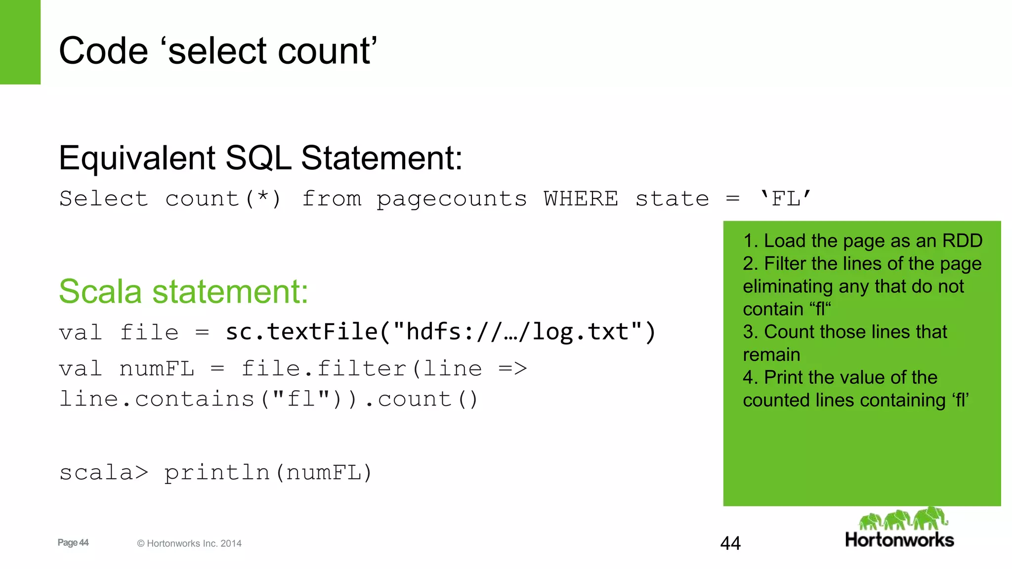 Page44 © Hortonworks Inc. 2014
Code ‘select count’
Equivalent SQL Statement:
Select count(*) from pagecounts WHERE state = ‘FL’
Scala statement:
val file = sc.textFile("hdfs://…/log.txt")
val numFL = file.filter(line =>
line.contains("fl")).count()
scala> println(numFL)
44
1. Load the page as an RDD
2. Filter the lines of the page
eliminating any that do not
contain “fl“
3. Count those lines that
remain
4. Print the value of the
counted lines containing ‘fl’
 