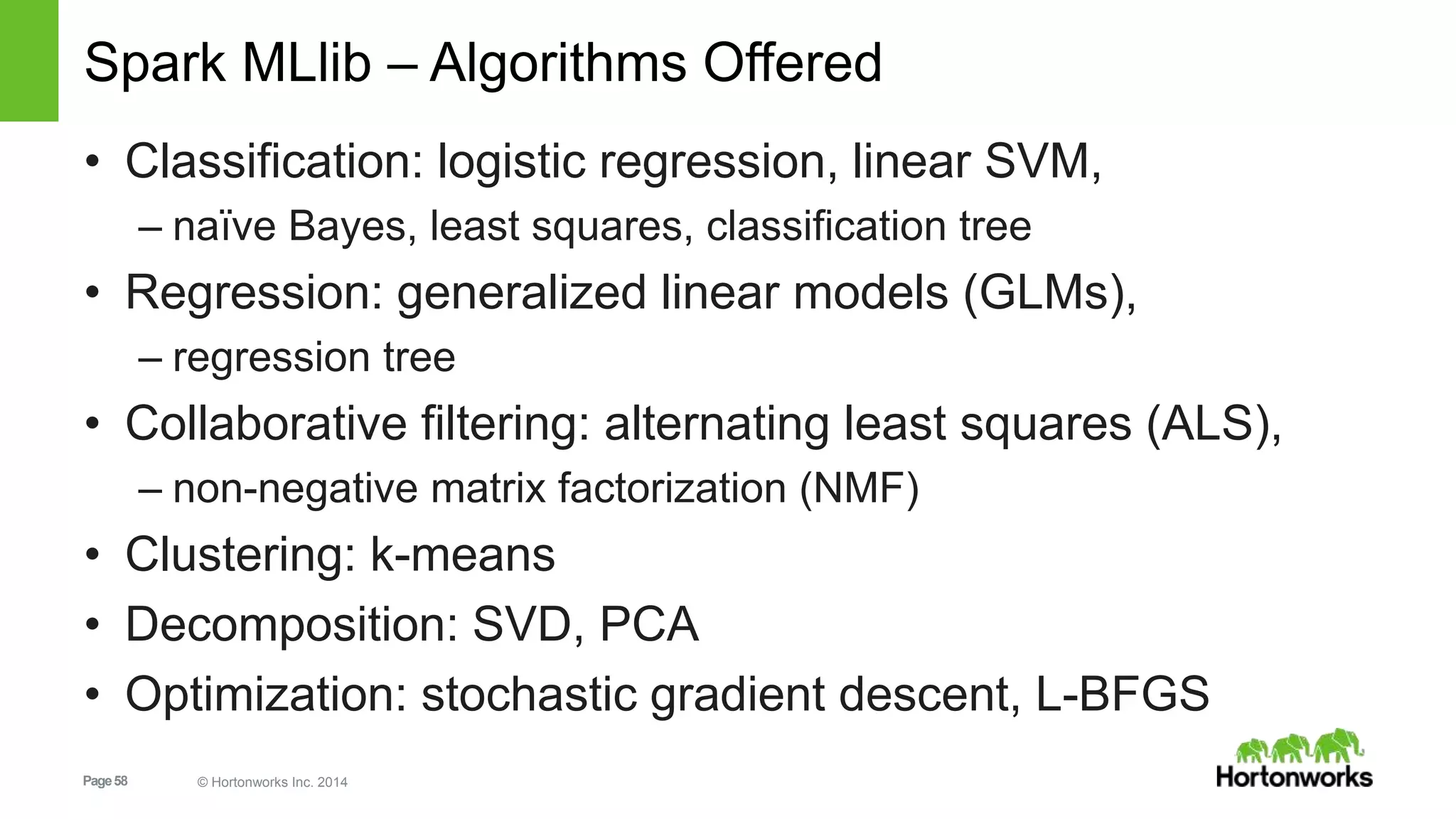 Page58 © Hortonworks Inc. 2014
Spark MLlib – Algorithms Offered
• Classification: logistic regression, linear SVM,
– naïve Bayes, least squares, classification tree
• Regression: generalized linear models (GLMs),
– regression tree
• Collaborative filtering: alternating least squares (ALS),
– non-negative matrix factorization (NMF)
• Clustering: k-means
• Decomposition: SVD, PCA
• Optimization: stochastic gradient descent, L-BFGS
 