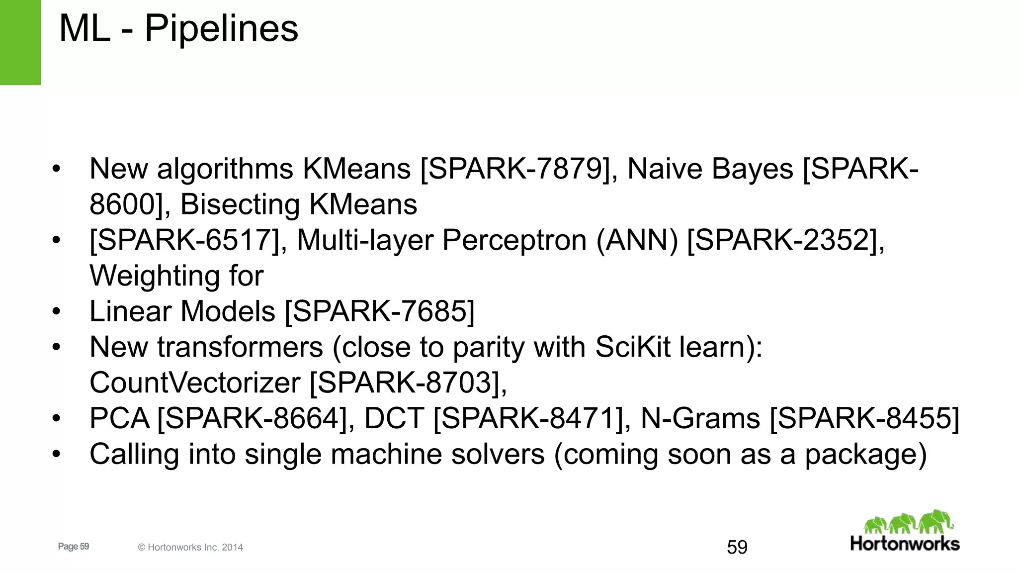 Page59 © Hortonworks Inc. 2014 59
ML - Pipelines
• New algorithms KMeans [SPARK-7879], Naive Bayes [SPARK-
8600], Bisecting KMeans
• [SPARK-6517], Multi-layer Perceptron (ANN) [SPARK-2352],
Weighting for
• Linear Models [SPARK-7685]
• New transformers (close to parity with SciKit learn):
CountVectorizer [SPARK-8703],
• PCA [SPARK-8664], DCT [SPARK-8471], N-Grams [SPARK-8455]
• Calling into single machine solvers (coming soon as a package)
 