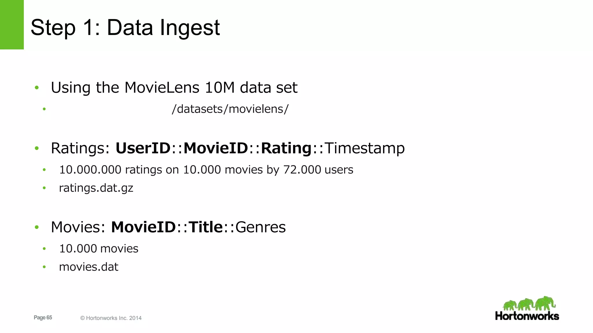 Page65 © Hortonworks Inc. 2014
Step 1: Data Ingest
• Using the MovieLens 10M data set
• http://grouplens.org/datasets/movielens/
• Ratings: UserID::MovieID::Rating::Timestamp
• 10.000.000 ratings on 10.000 movies by 72.000 users
• ratings.dat.gz
• Movies: MovieID::Title::Genres
• 10.000 movies
• movies.dat
 
