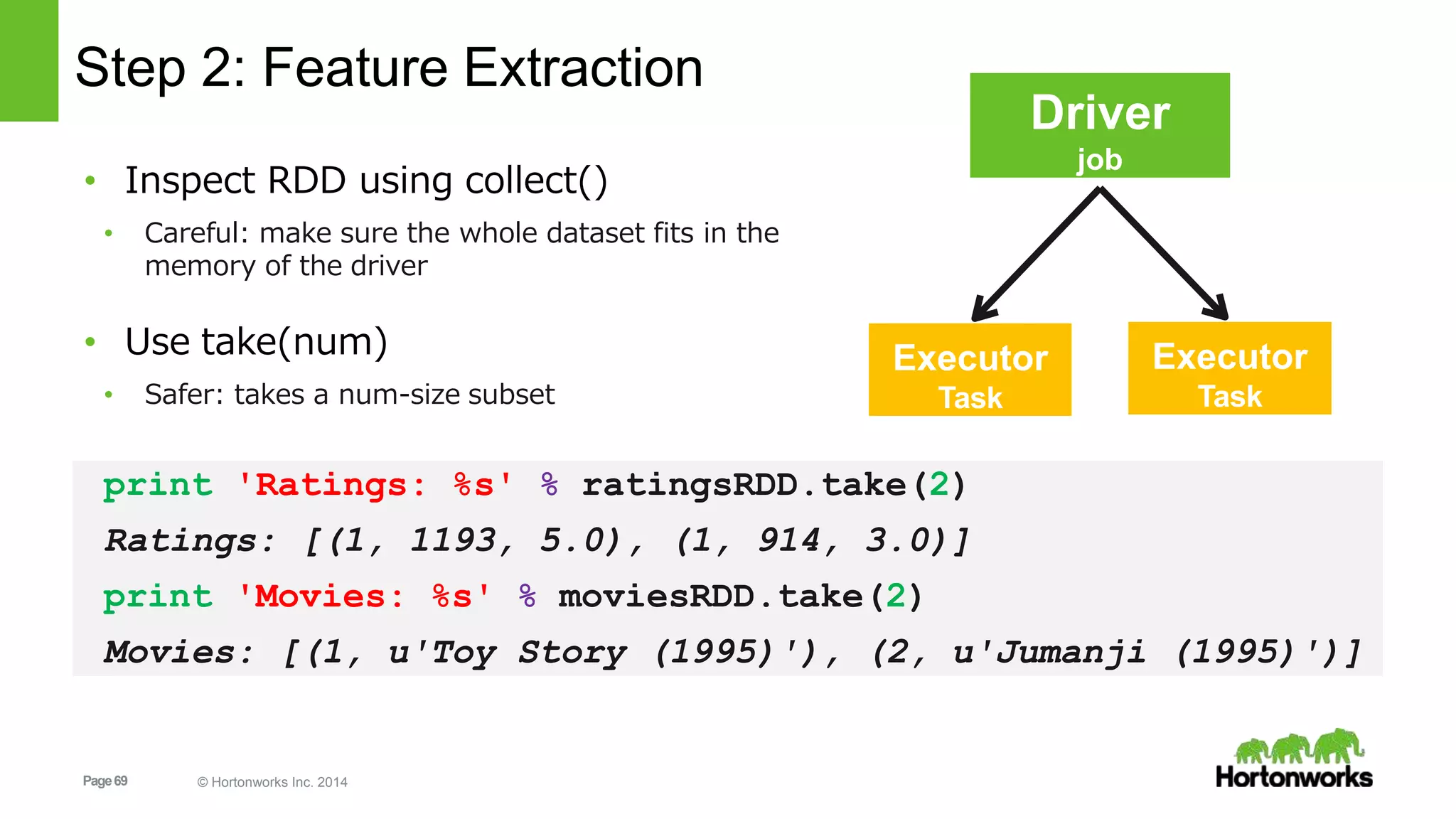 Page69 © Hortonworks Inc. 2014
Step 2: Feature Extraction
• Inspect RDD using collect()
• Careful: make sure the whole dataset fits in the
memory of the driver
Driver
job
Executor
Task
Executor
Task
• Use take(num)
• Safer: takes a num-size subset
print 'Ratings: %s' % ratingsRDD.take(2)
Ratings: [(1, 1193, 5.0), (1, 914, 3.0)]
print 'Movies: %s' % moviesRDD.take(2)
Movies: [(1, u'Toy Story (1995)'), (2, u'Jumanji (1995)')]
 