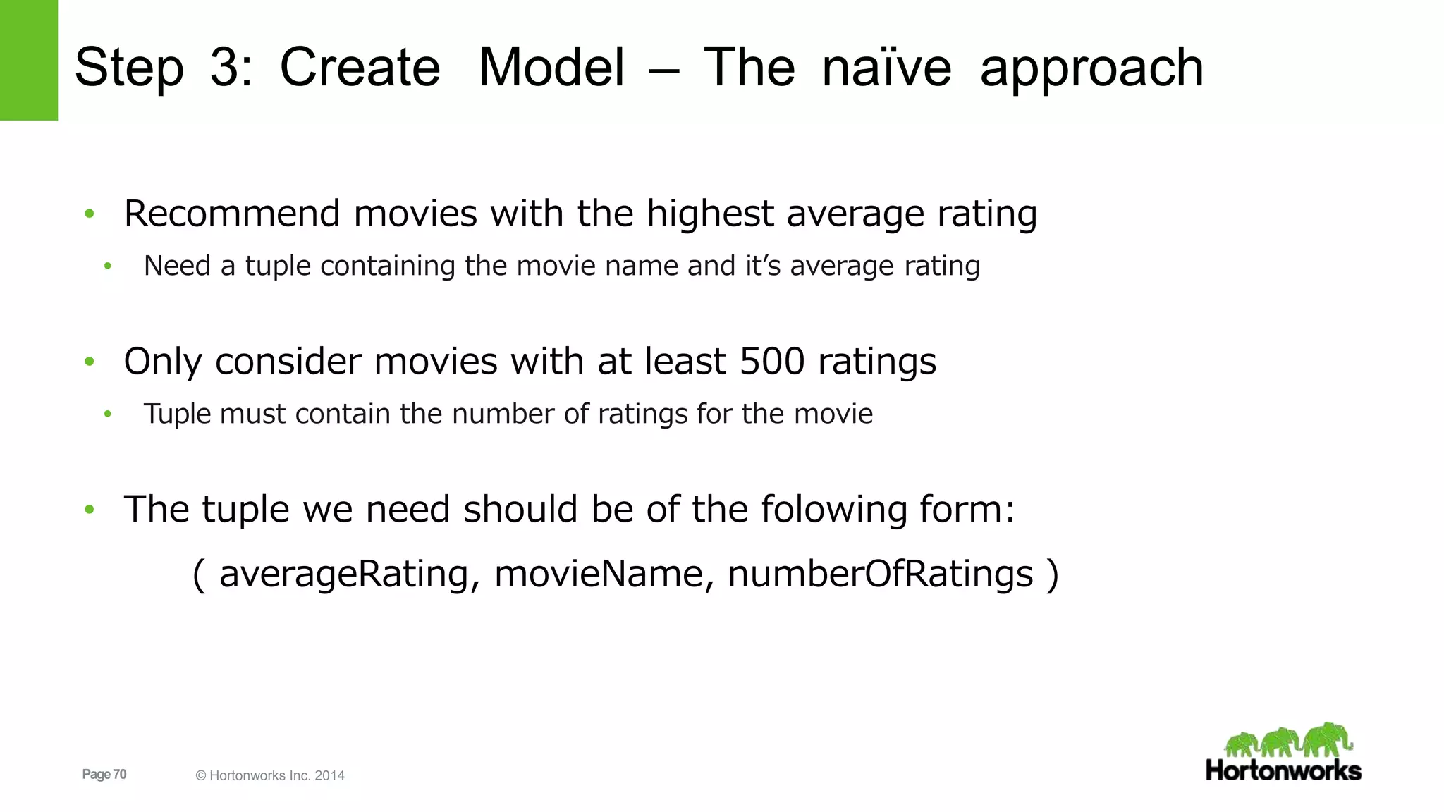 Page70 © Hortonworks Inc. 2014
Step 3: Create Model – The naïve approach
• Recommend movies with the highest average rating
• Need a tuple containing the movie name and it’s average rating
• Only consider movies with at least 500 ratings
• Tuple must contain the number of ratings for the movie
• The tuple we need should be of the folowing form:
( averageRating, movieName, numberOfRatings )
 
