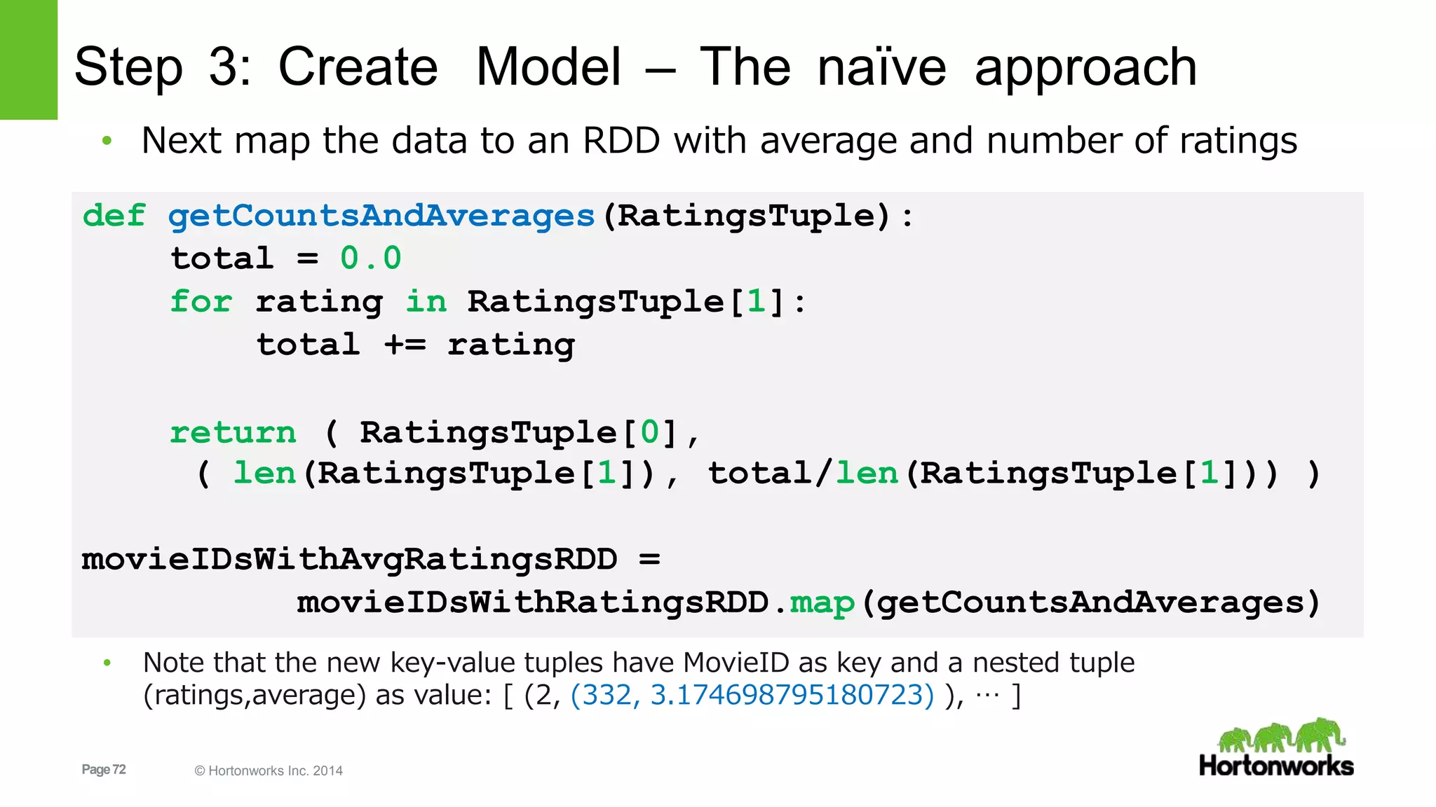 Page72 © Hortonworks Inc. 2014
Step 3: Create Model – The naïve approach
( len(RatingsTuple[1]), total/len(RatingsTuple[1])) )
movieIDsWithAvgRatingsRDD =
movieIDsWithRatingsRDD.map(getCountsAndAverages)
• Note that the new key-value tuples have MovieID as key and a nested tuple
(ratings,average) as value: [ (2, (332, 3.174698795180723) ), … ]
• Next map the data to an RDD with average and number of ratings
def getCountsAndAverages(RatingsTuple):
total = 0.0
for rating in RatingsTuple[1]:
total += rating
return ( RatingsTuple[0],
 