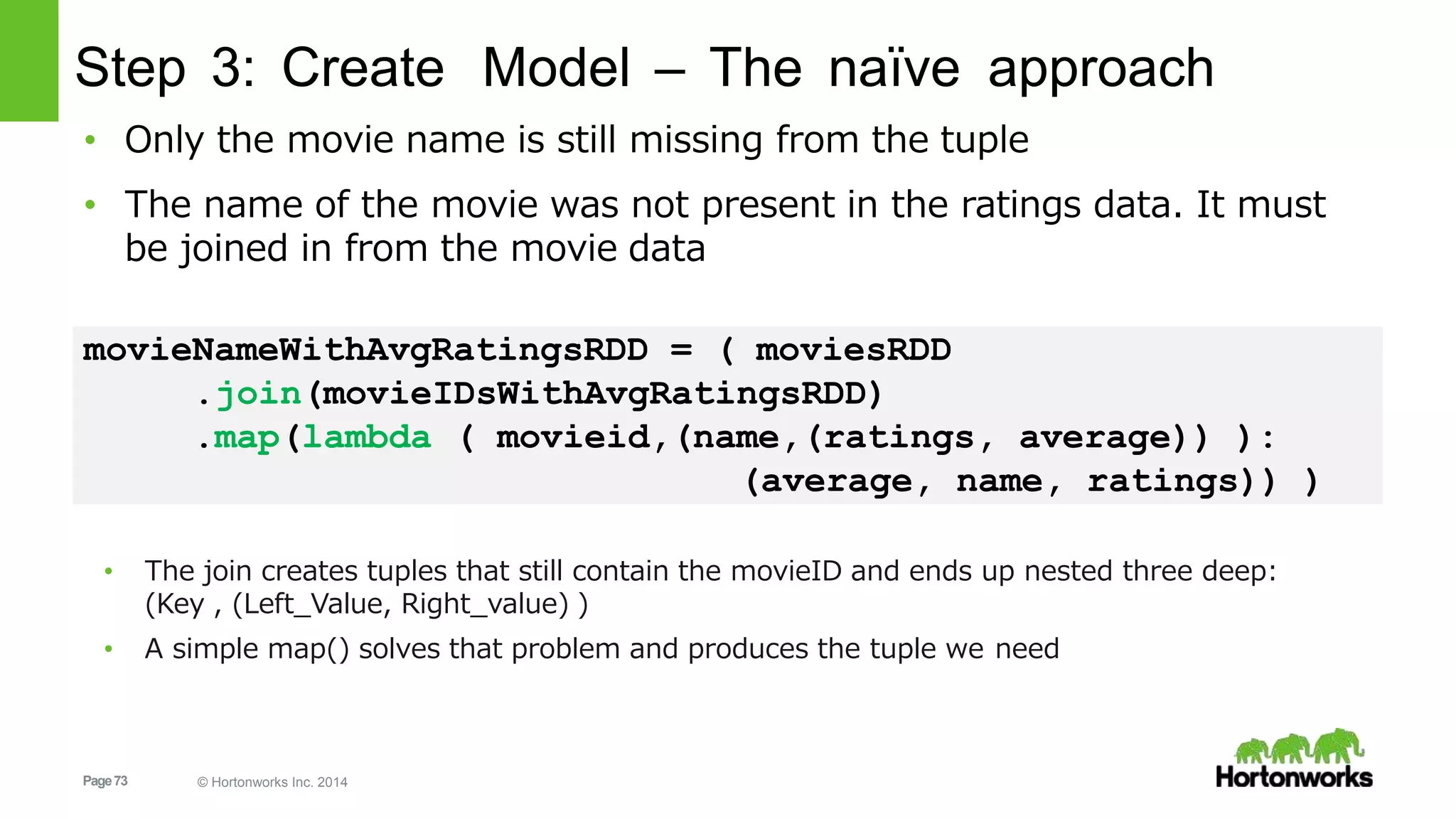 Page73 © Hortonworks Inc. 2014
Step 3: Create Model – The naïve approach
• Only the movie name is still missing from the tuple
• The name of the movie was not present in the ratings data. It must
be joined in from the movie data
movieNameWithAvgRatingsRDD = ( moviesRDD
.join(movieIDsWithAvgRatingsRDD)
.map(lambda ( movieid,(name,(ratings, average)) ):
(average, name, ratings)) )
• The join creates tuples that still contain the movieID and ends up nested three deep:
(Key , (Left_Value, Right_value) )
• A simple map() solves that problem and produces the tuple we need
 