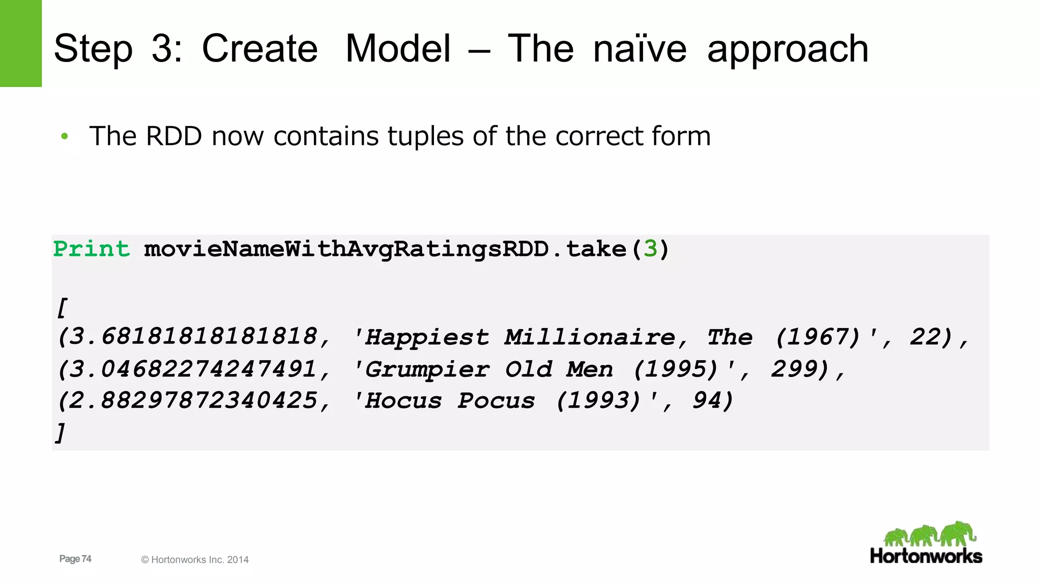 Page74 © Hortonworks Inc. 2014
Step 3: Create Model – The naïve approach
• The RDD now contains tuples of the correct form
Print movieNameWithAvgRatingsRDD.take(3)
[
(3.68181818181818, 'Happiest Millionaire, The (1967)', 22),
(3.04682274247491, 'Grumpier Old Men (1995)', 299),
(2.88297872340425, 'Hocus Pocus (1993)', 94)
]
 