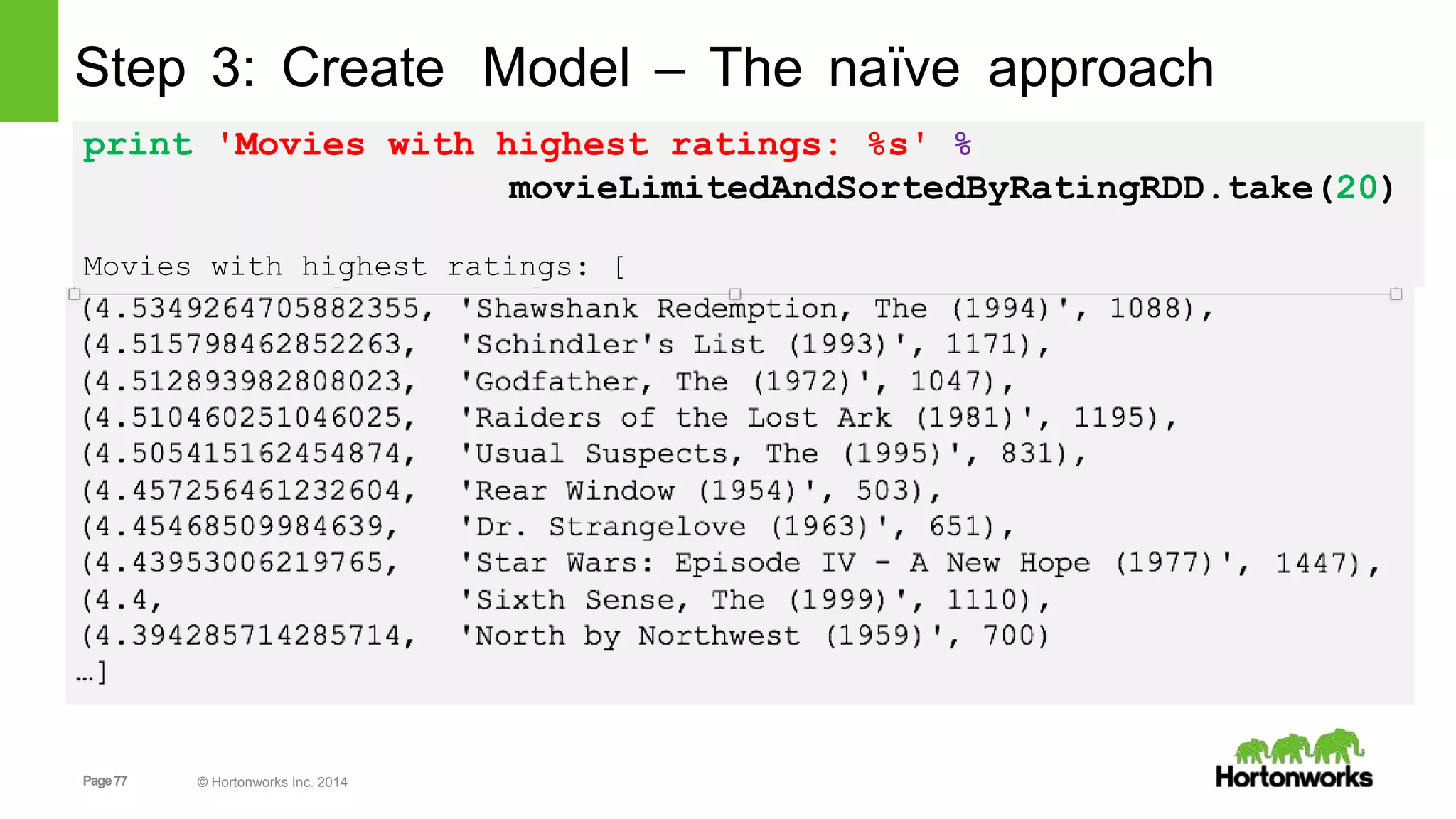 Page77 © Hortonworks Inc. 2014
Step 3: Create Model – The naïve approach
print 'Movies with highest ratings: %s' %
movieLimitedAndSortedByRatingRDD.take(20)
Movies with highest ratings: [
1447),
 